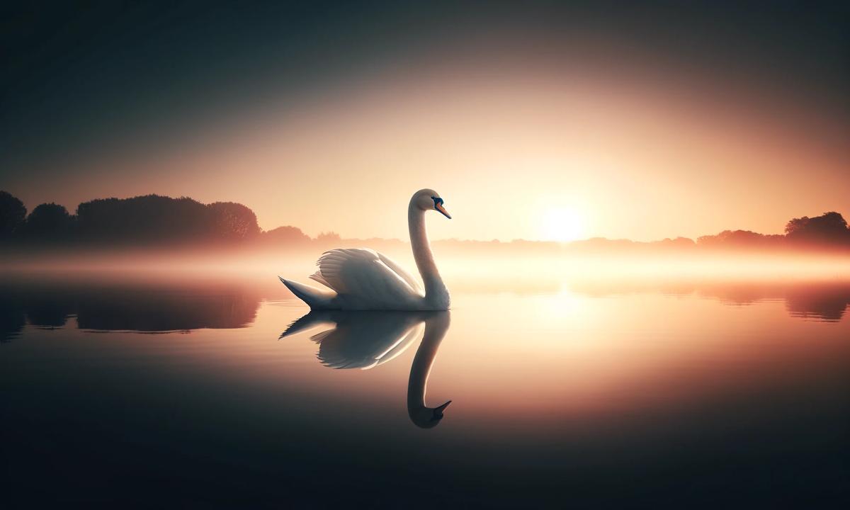 Cisne blanco deslizándose en un lago tranquilo al amanecer